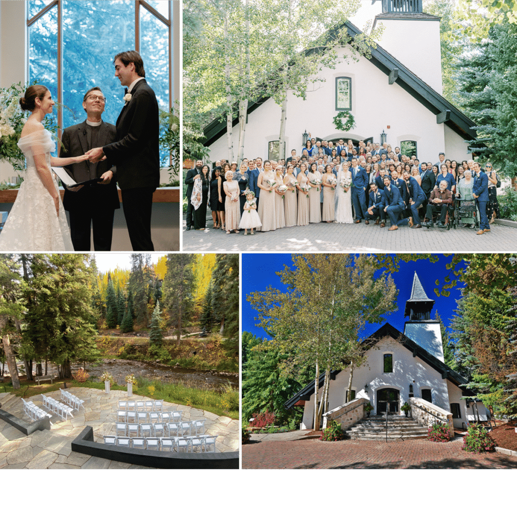Vail Chapel with pictures of people getting married on the outside.