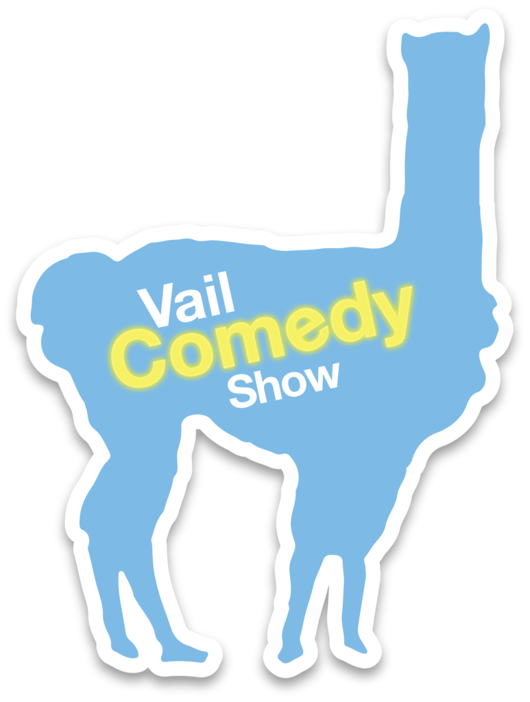 The vail comedy show logo with a llama.
