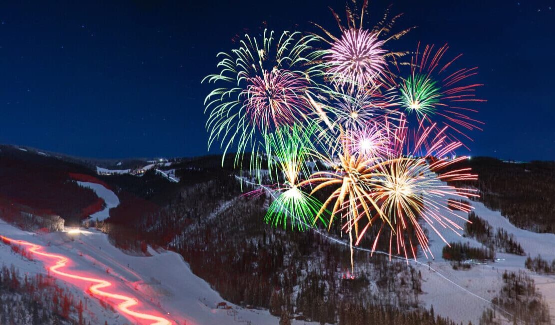 New Year's Eve fireworks explode over Vail Village in Vail, Colorado