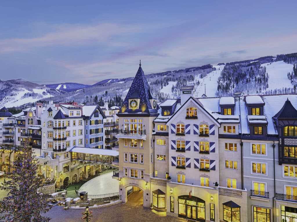 A beautiful view: The Arrabelle at Vail Square in Lionshead Village with snow-covered Vail Mountain ski runs seen behind it