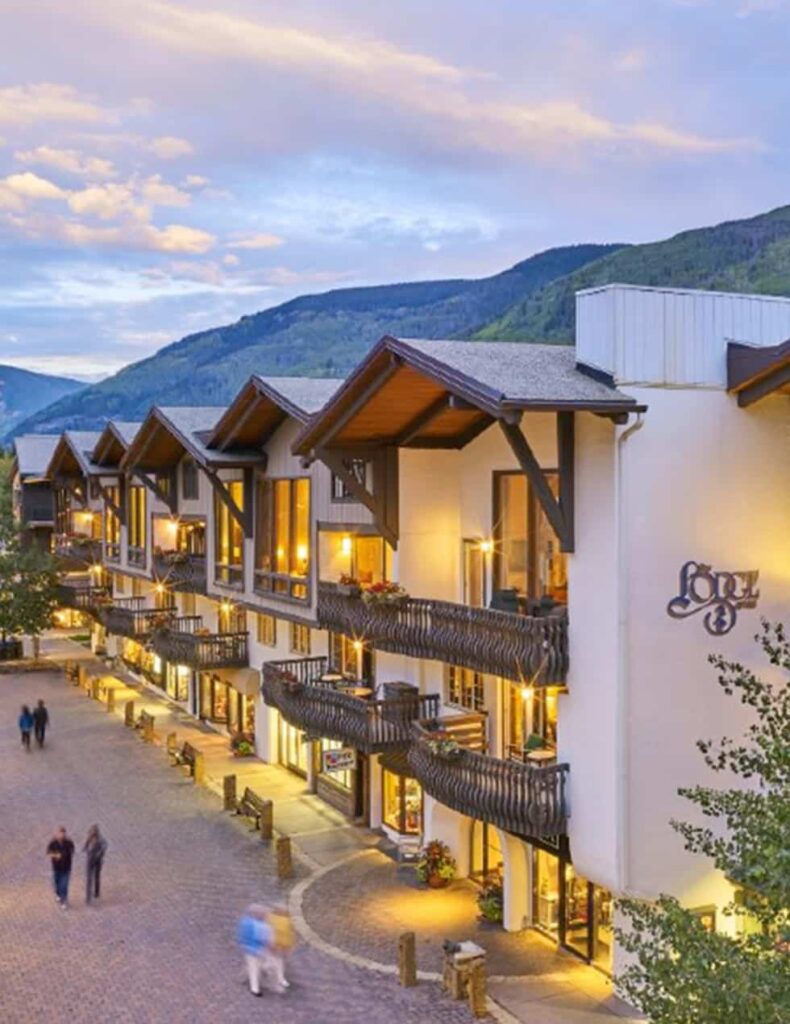 A view of the resort at dusk.