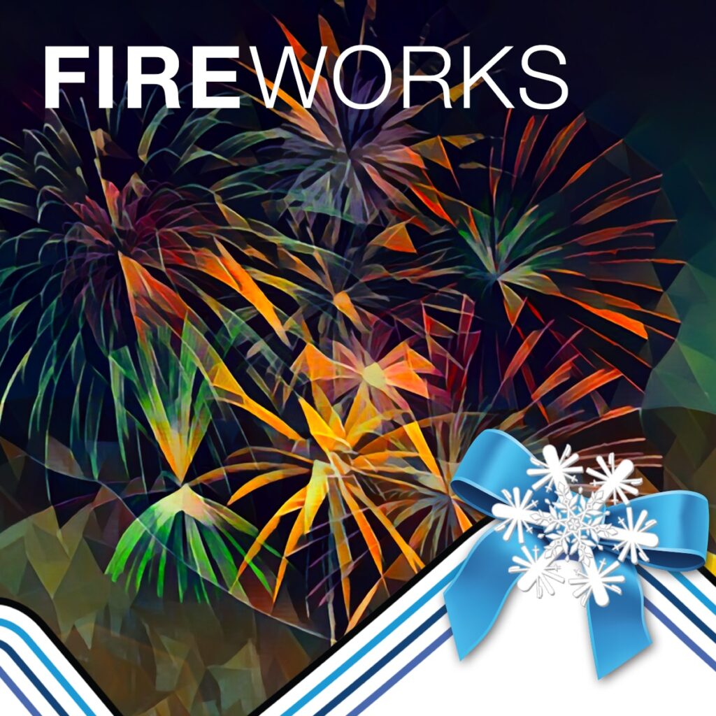 A blue background with fireworks and a snowflake.