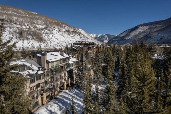 An outside aerial view of the hotel Gravity Haus Vail near Vail, Colorado.