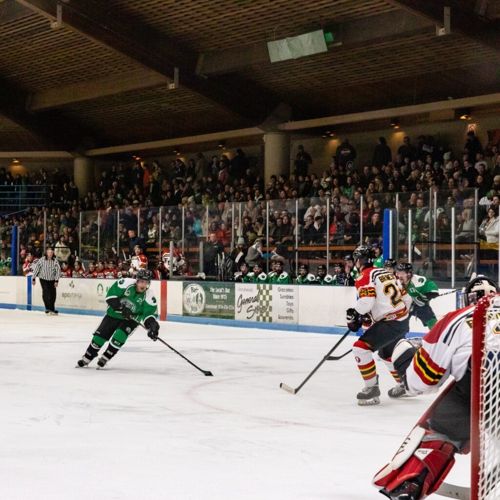A hockey game is being played in front of a large crowd.