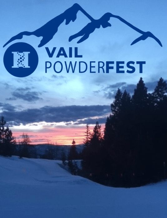 The logo for vail powderfest with a mountain in the background.
