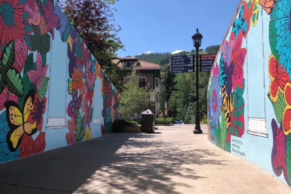 Two walls in Vail, Colorado, are painted a bright blue with frame and flower details painted for visitors to take pictures in front of.