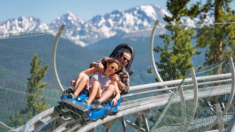 People riding the Forest Flyer Mountain Coaster down the mountain
