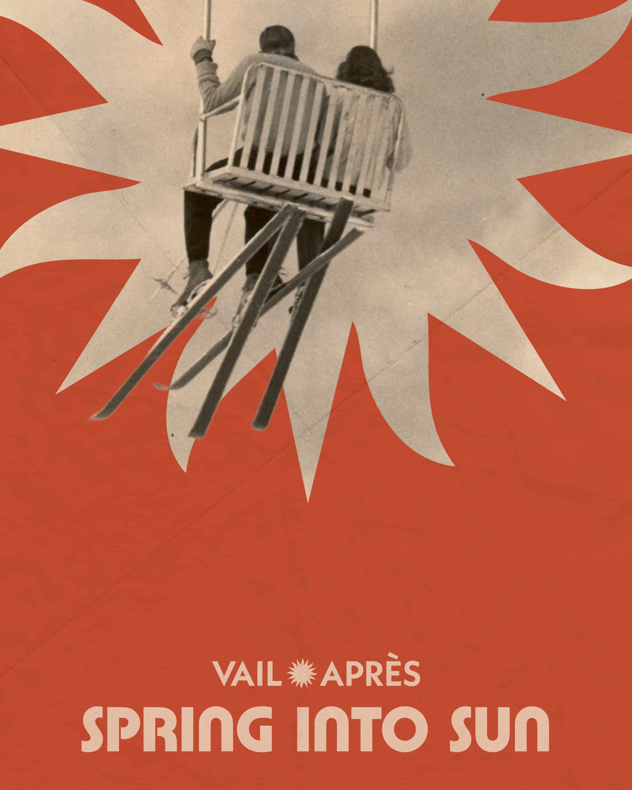 Vail Apres poster with old photo of chairlift and a woman/man