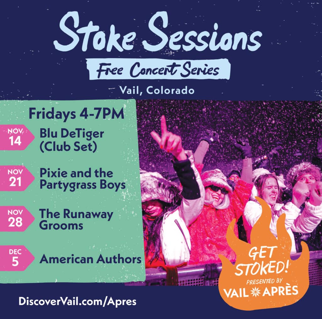 People in winter clothing enjoy a concert with raised hands. Text promotes Vail’s free Stoke Sessions concert series on Fridays from Nov 14 to Dec 5.